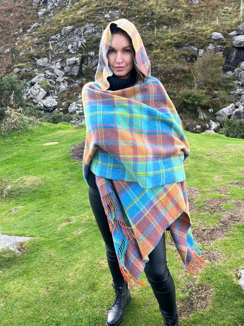 Hooded Irish Pure Supersoft Lambswool Cape, Ruana, Wrap - 100% Pure New Wool - Blue Green Orange Tartan Plaid Check - HANDMADE IN IRELAND