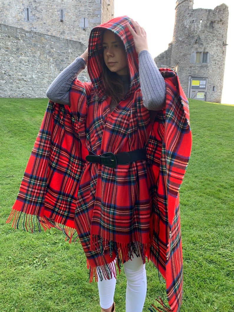 Hooded Irish Pure Lambswool Cape, Ruana, Wrap , Shawl - 100% Pure New Wool -Royal Stewart Tartan/Plaid Check -Supersoft -HANDMADE IN IRELAND