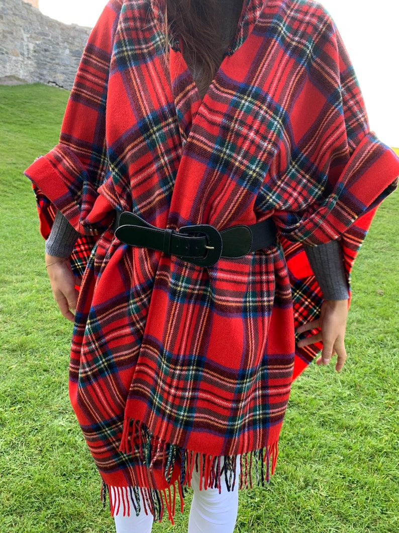 Hooded Irish Pure Lambswool Cape, Ruana, Wrap , Shawl - 100% Pure New Wool -Royal Stewart Tartan/Plaid Check -Supersoft -HANDMADE IN IRELAND