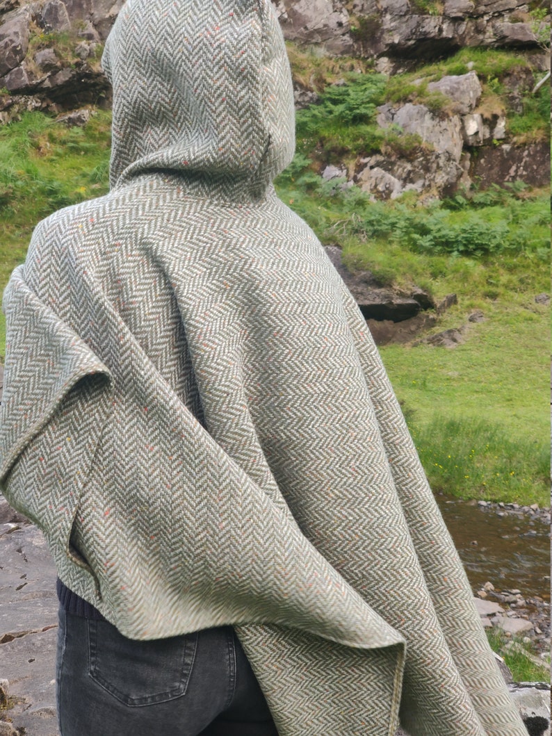 Irish Donegal Tweed Wool Hooded Cape Ruana Wrap Robe Cloak Arisaid -Speckled Fleck Green Grey Herringbone - HEAVY TWEED -Handmade in Ireland