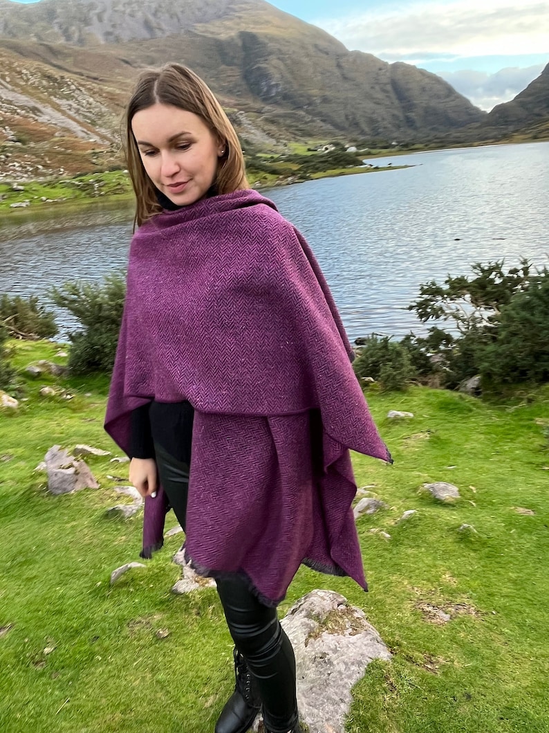 Irish Donegal Tweed Hooded Ruana, Wrap, Cape, Cloak, Robe - Purple Wine Herringbone - 100% Pure New Wool - Speckled - HANDMADE IN IRELAND