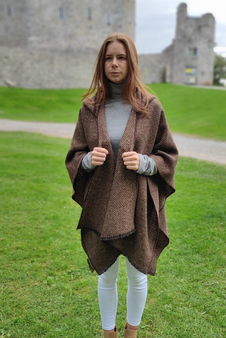 Irish Donegal Tweed Wool Hooded Ruana, Cape, Rectangle Cloak - Speckled Brown/Bronze Herringbone - Heavy Tweed -Unisex - HANDMADE IN IRELAND