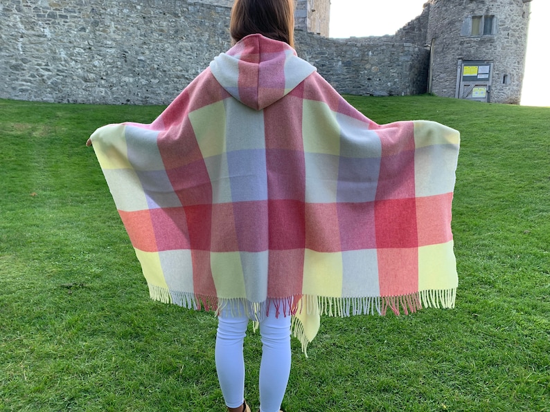 Hooded Irish Pure Lambswool Cape, Ruana, Wrap , Shawl - 100% Pure New Wool -Pale/Blue/Pink/Lemon Block Check -Supersoft -HANDMADE IN IRELAND