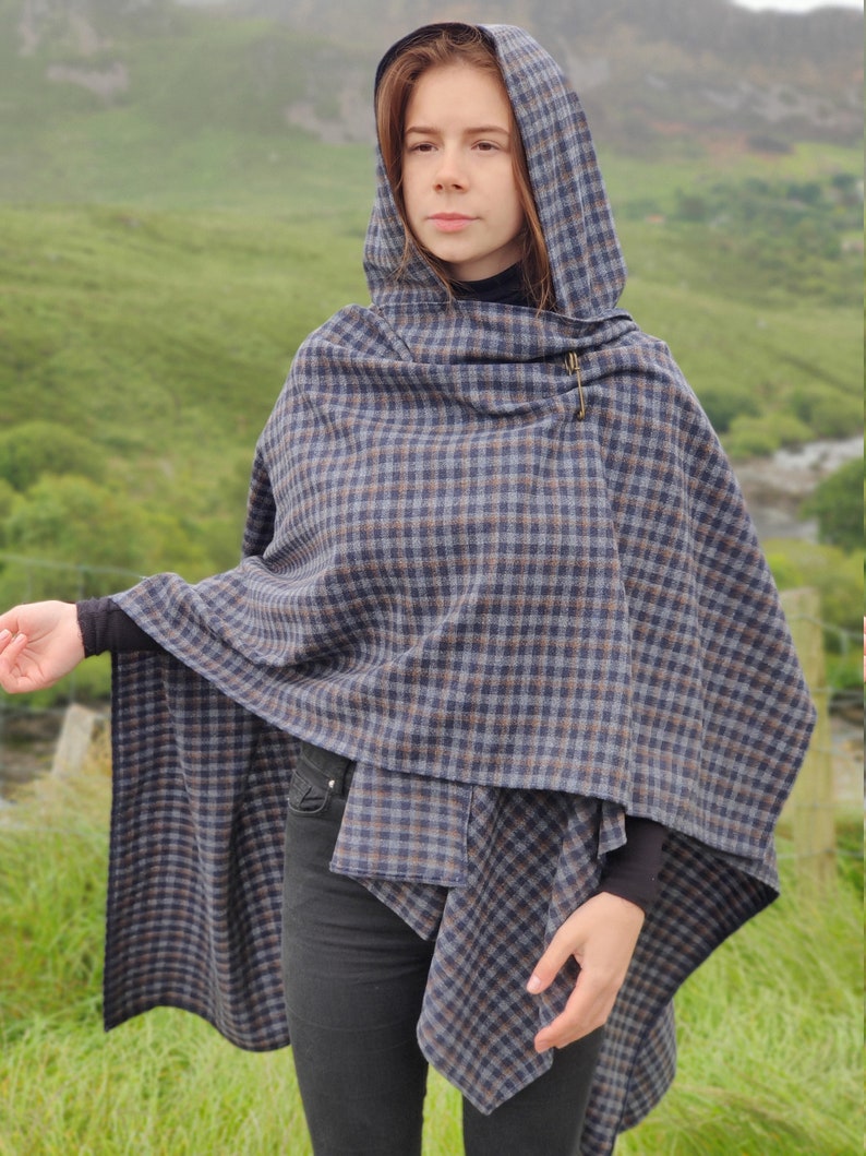 Irish lambswool hooded ruana wrap, cape, arisaid - navy/grey blue/bronze plaid - HANDMADE IN IRELAND