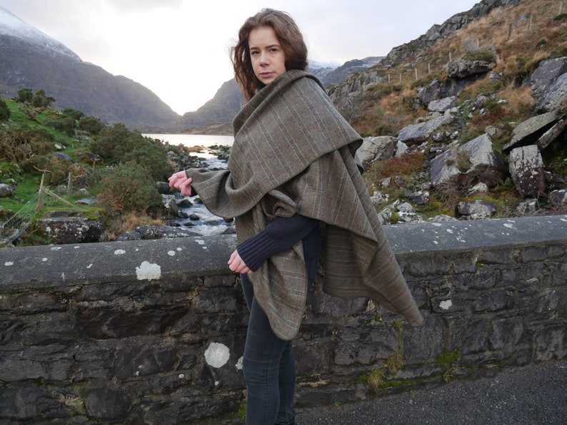 Irish tweed wool ruana, wrap, cape, coat, arisaid - brown/green  Irish tartan/ plaid check - 100% wool - HANDMADE IN IRELAND