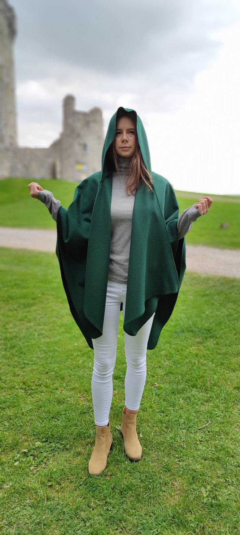 Irish Woven Wool Cape, Ruana, Wrap, Rectangle Cloak - 100% Pure New Wool - Emerald / Bottle Green - HANDMADE IN IRELAND