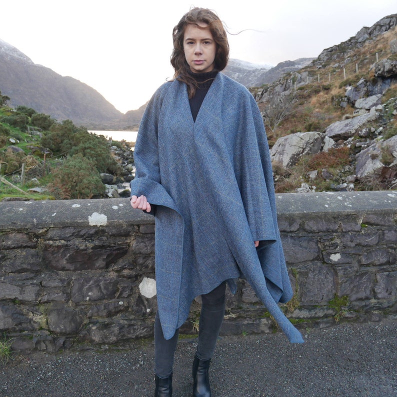 Irish Donegal Tweed Wool Ruana, Wrap, Cape, Cloak - Grey & Denim Herringbone With Overcheck - 100% Pure New Wool - HANDMADE IN IRELAND