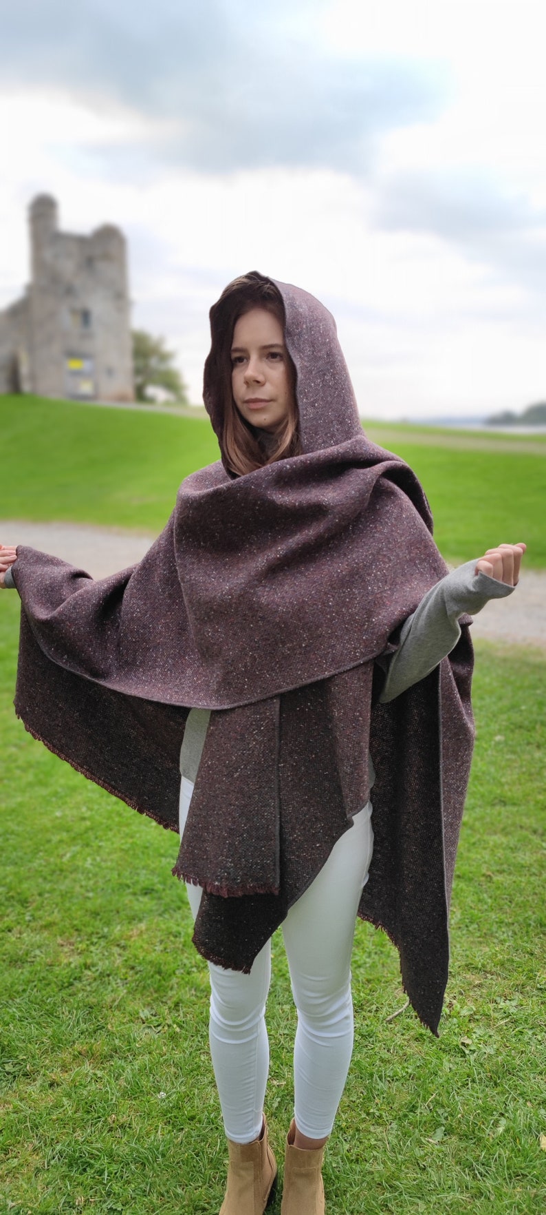 Irish Donegal Tweed Wool Hooded Ruana, Cape, Rectangle Cloak - Traditional Burgundy Fleck - Heavy Tweed - Unisex - HANDMADE IN IRELAND