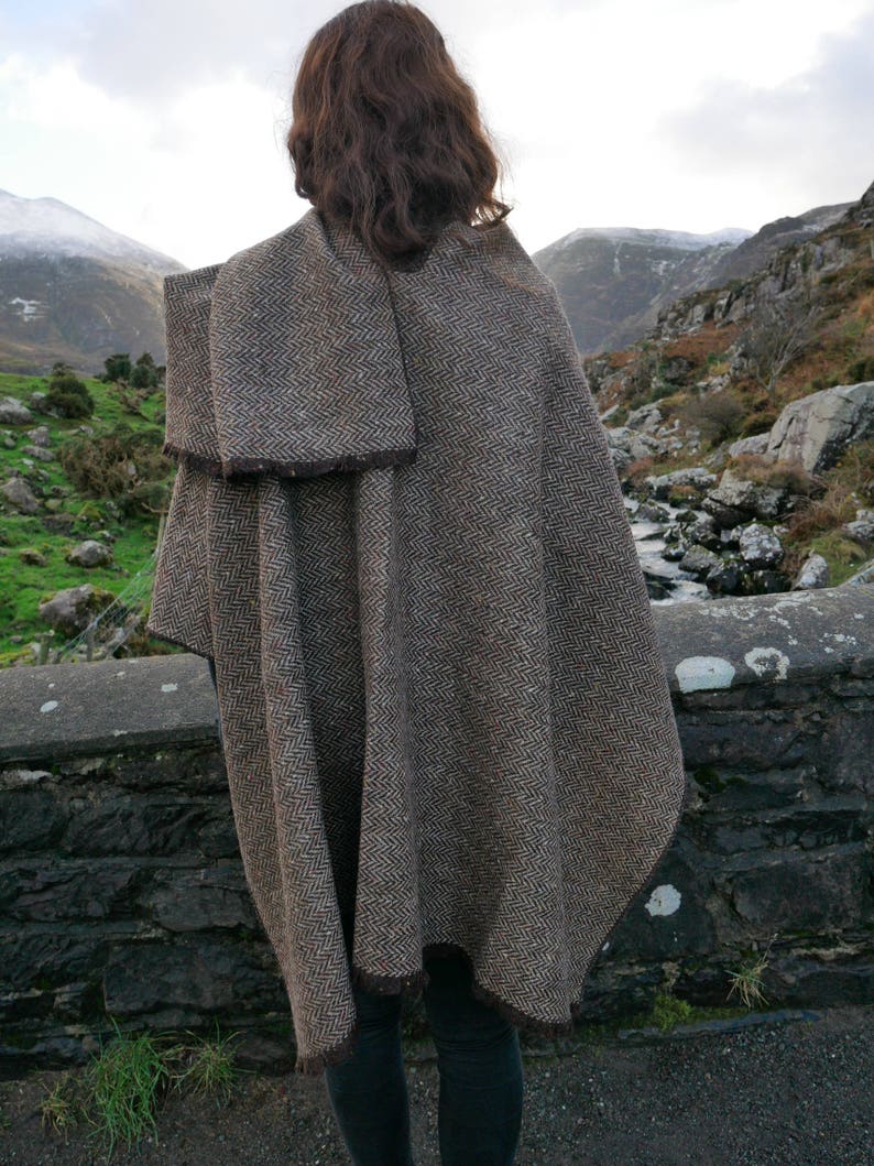 Irish Donegal Tweed Ruana, Wrap, Cape,  - Brown/Beige Herringbone With Multi-colour Fleck/Speckled -100% Pure New Wool - Handmade in Ireland