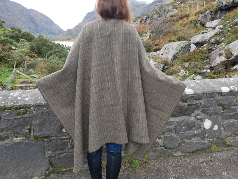 Irish Tweed Wool Cape, Ruana, Wrap, Rectangle Cloak- 100% Pure New Irish Wool - Brown Tartan / Plaid Check - Unisex - HANDMADE IN IRELAND