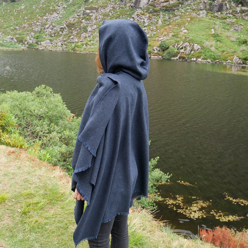 Irish Woven Wool Hooded Ruana, Cape, Rectangle Cloak, Wrap - 100% Pure New Wool - Plain Solid Navy - Unisex - HANDMADE IN IRELAND