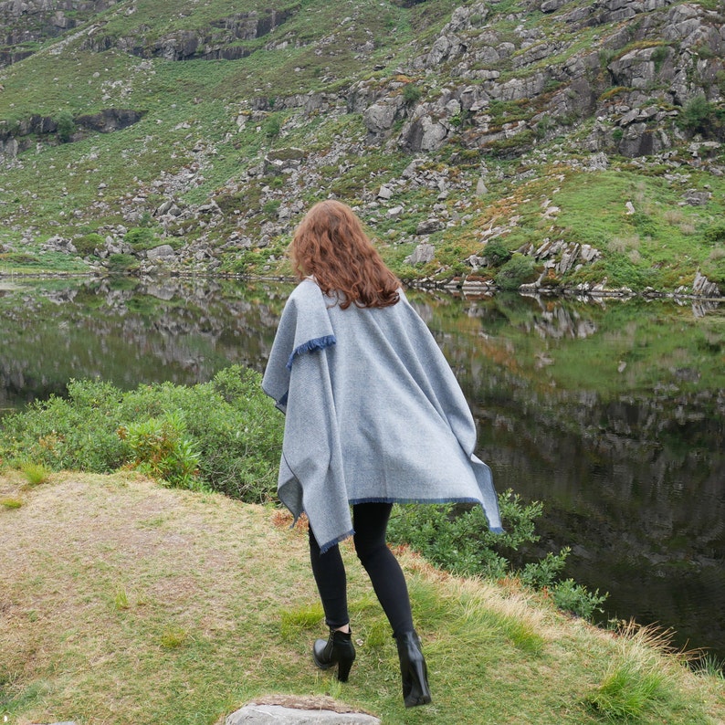 Irish Donegal tweed wool ruana, wrap , arisaid - grey/blue herringbone - 100% Pure New Irish Wool -  HANDMADE IN IRELAND