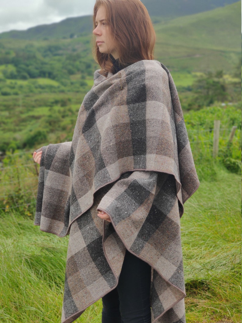 Irish Donegal Tweed Ruana, Wrap, Cape, Cloak - HEAVY TWEED - Beige/Brown/Grey Box Check - 100% Pure New Wool - Unisex - Handmade in Ireland