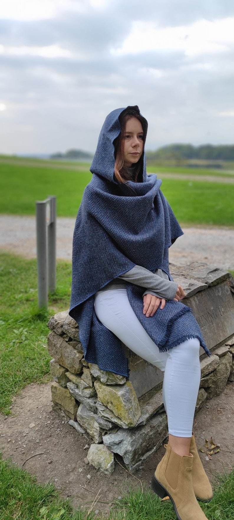 Irish Donegal Tweed Wool Hooded Ruana, Cape, Rectangle Cloak - Speckled Navy / Blue Herringbone - Heavy Tweed - Unisex - HANDMADE IN IRELAND