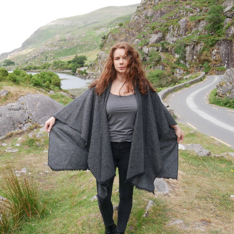 Irish Donegal Tweed Wool Cape, Wrap, Ruana, Rectangle Cloak - Black & Grey Herringbone - 100% Pure New Wool - Unisex - HANDMADE IN IRELAND