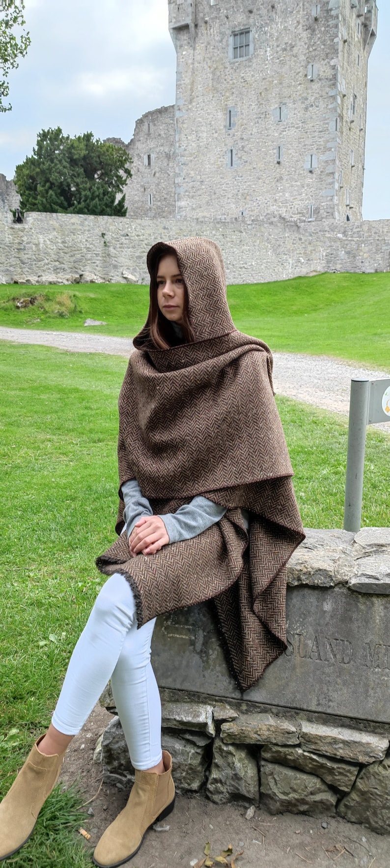 Irish Donegal Tweed Wool Hooded Ruana, Cape, Rectangle Cloak - Speckled Brown/Bronze Herringbone - Heavy Tweed -Unisex - HANDMADE IN IRELAND