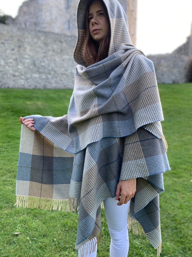 Hooded Supersoft Lambswool Cape, Ruana, Wrap , Shawl - 100% Pure New Wool - Cream Taupe Denim Check -One Size Fits All - HANDMADE IN IRELAND