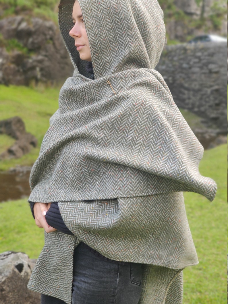 Irish Donegal Tweed Wool Hooded Cape Ruana Wrap Robe Cloak Arisaid -Speckled Fleck Green Grey Herringbone - HEAVY TWEED -Handmade in Ireland