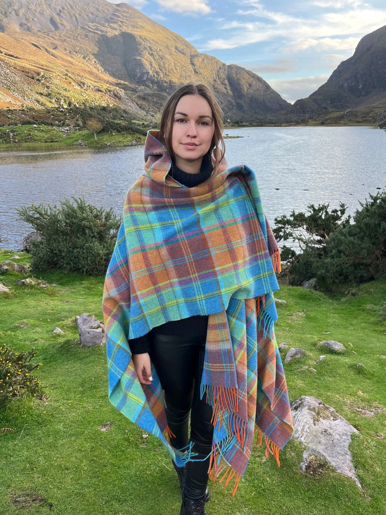 Hooded Irish Pure Supersoft Lambswool Cape, Ruana, Wrap - 100% Pure New Wool - Blue Green Orange Tartan Plaid Check - HANDMADE IN IRELAND