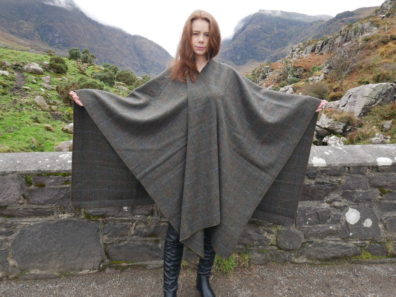 Irish Donegal Tweed Wool Cape, Ruana,Rectangle Cloak -Moss Green Herringbone With Overcheck- 100% Pure New Wool -Unisex- HANDMADE IN IRELAND