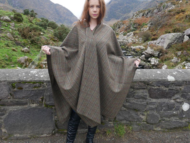 Irish Tweed Wool Cape, Ruana, Wrap, Rectangle Cloak- 100% Pure New Irish Wool - Brown Tartan / Plaid Check - Unisex - HANDMADE IN IRELAND