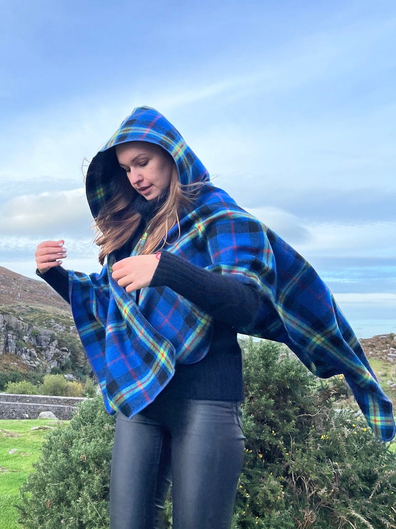 Hooded Supersoft Lambswool Cape, Ruana Wrap , Cloak - 100% Pure New Wool - Blue Navy Lime Green Red Tartan Plaid Check - HANDMADE IN IRELAND
