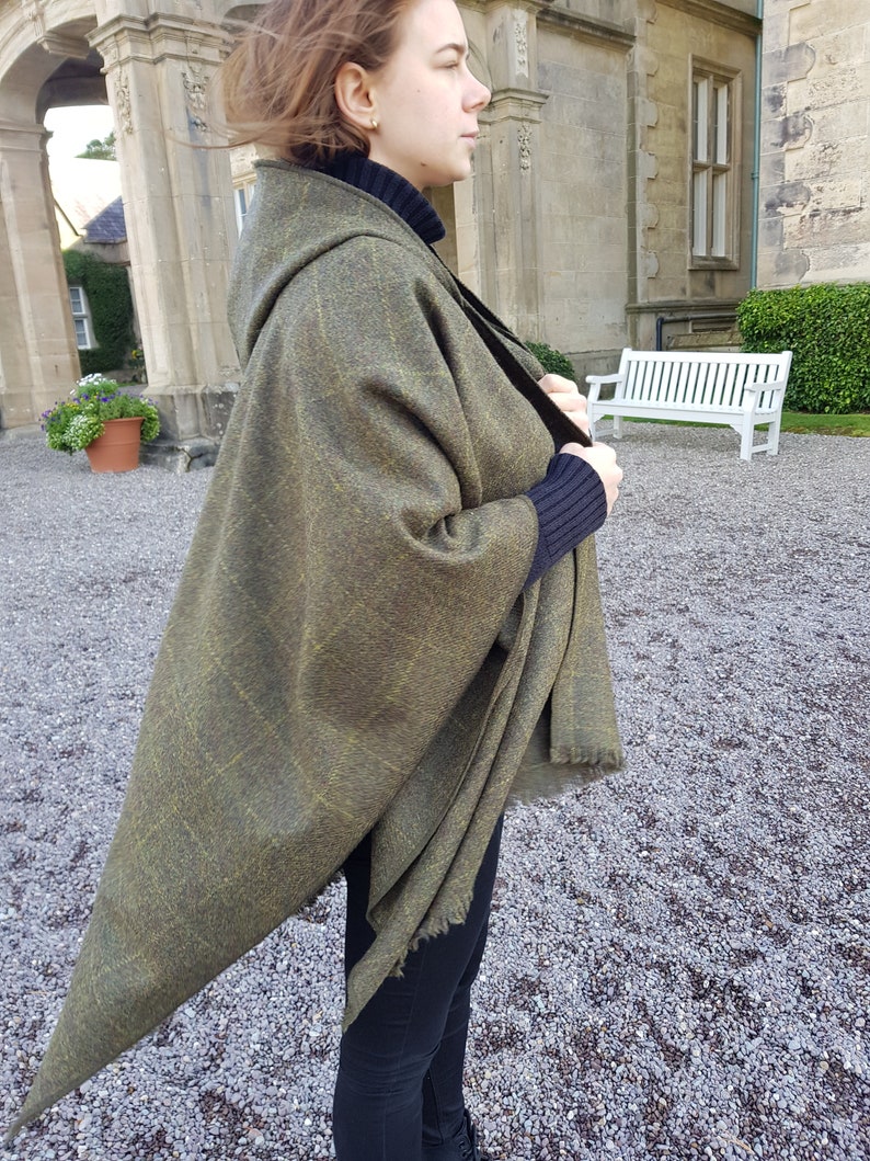Irish Donegal Tweed Wool Hooded Ruana, Wrap, Cape ,Arisaid - Green With Yellow Check - Unisex - 100% Pure New Wool - HANDMADE IN IRELAND