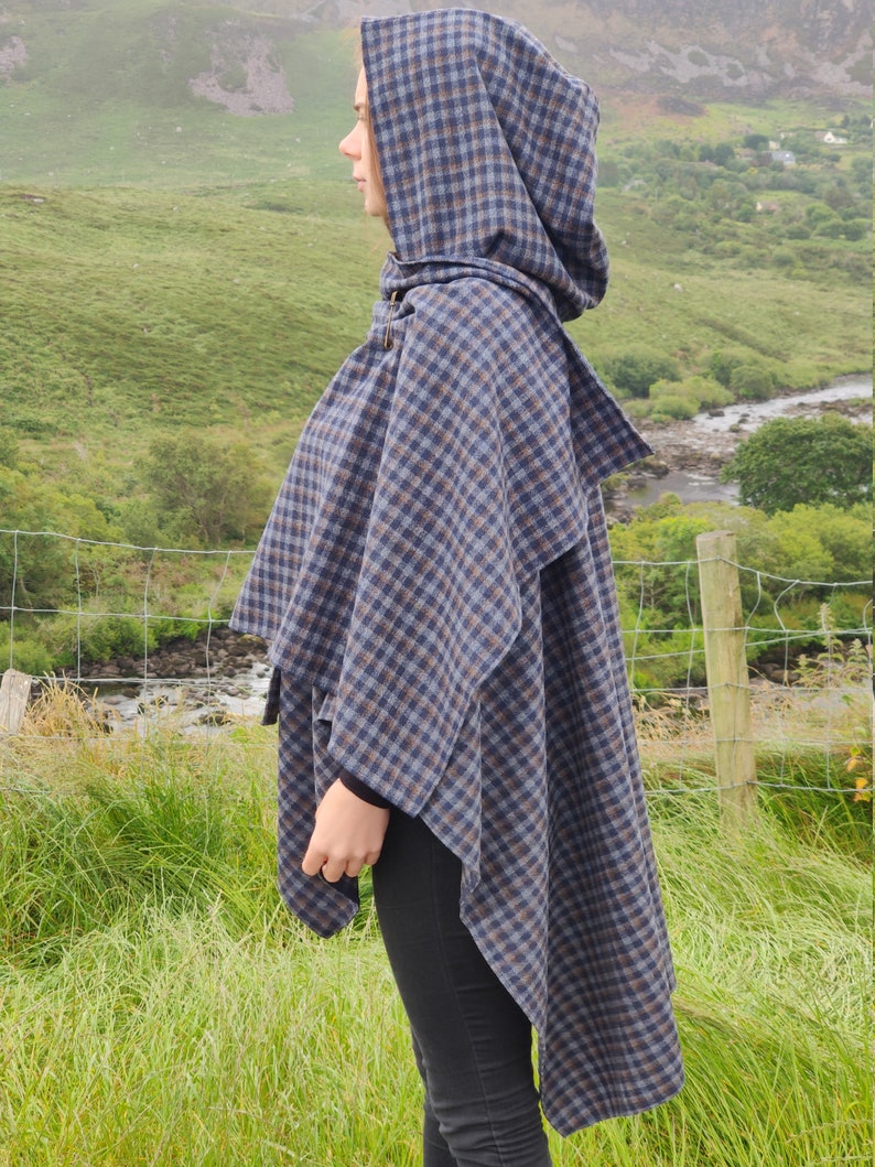Irish lambswool hooded ruana wrap, cape, arisaid - navy/grey blue/bronze plaid - HANDMADE IN IRELAND