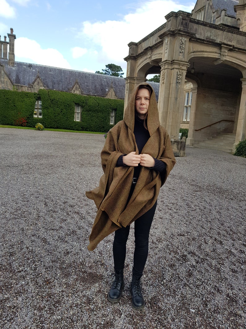 Irish Donegal Tweed Wool Hooded Cape, Ruana, Wrap, Cloak - Bronze/Brown Herringbone With Overcheck - 100% Pure New Wool -HANDMADE IN IRELAND