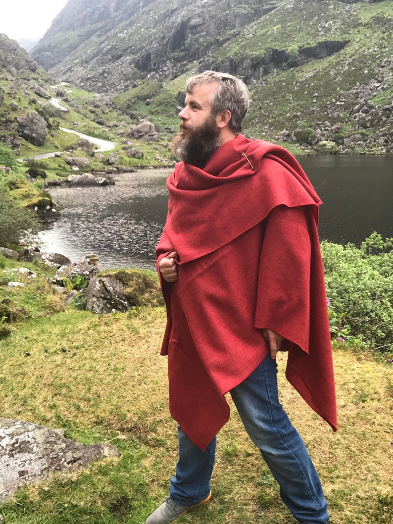 Irish tweed wool ruana, wrap, cape, coat, arisaid- red - lightweight fabric - 100% wool - ready for shipping - HANDMADE IN IRELAND