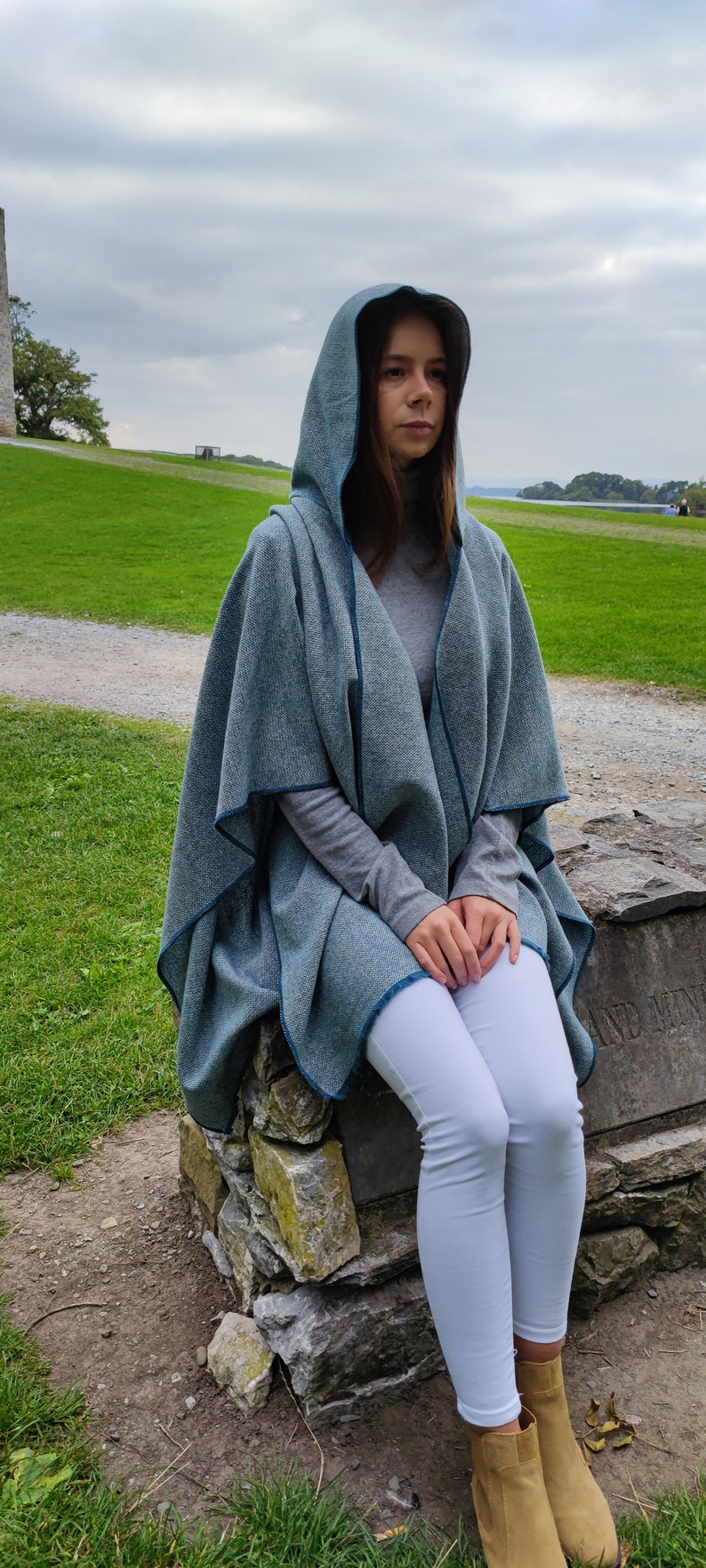 Hooded Irish Lambswool Tweed Cape, Rectangle Cloak, Ruana -Atlantic Teal/White Chevron- 100% Pure New Wool -Lightweight- HANDMADE IN IRELAND