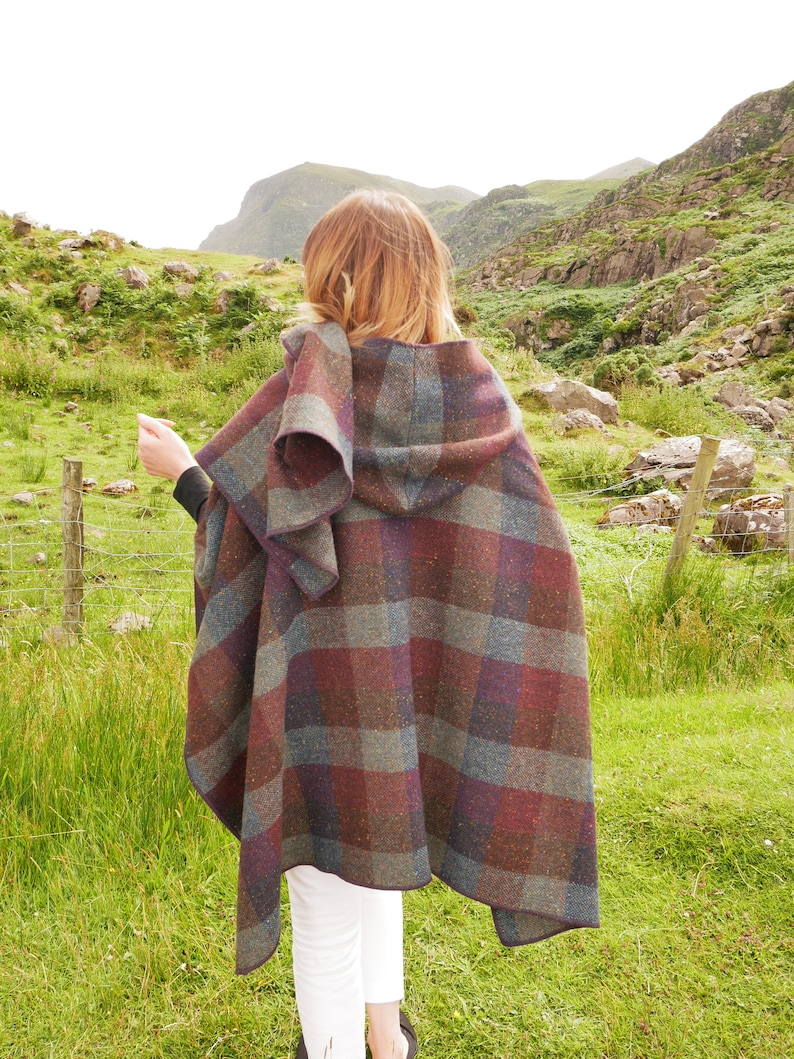 Irish Donegal Tweed Wool Hooded Ruana, Wrap, Cape, Cloak - Burgundy & Green Check  - Heavy Tweed - 100% Pure New Wool - HANDMADE IN IRELAND