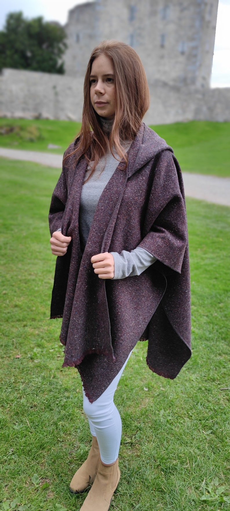 Irish Donegal Tweed Wool Hooded Ruana, Cape, Rectangle Cloak - Traditional Burgundy Fleck - Heavy Tweed - Unisex - HANDMADE IN IRELAND