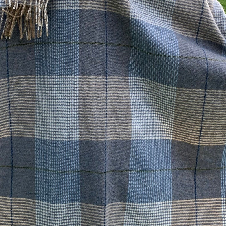 Hooded Supersoft Lambswool Cape, Ruana, Wrap , Shawl - 100% Pure New Wool - Cream Taupe Denim Check -One Size Fits All - HANDMADE IN IRELAND