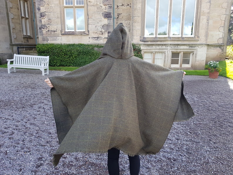 Irish Donegal Tweed Wool Hooded Ruana, Wrap, Cape ,Arisaid - Green With Yellow Check - Unisex - 100% Pure New Wool - HANDMADE IN IRELAND