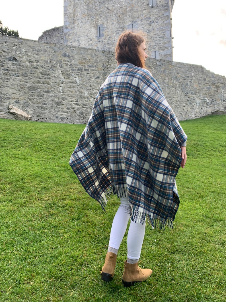 Irish Lambswool/Merino Cape, Ruana, Wrap, Shawl - 100% Pure New Wool - Blue Stewart Tartan Plaid - supersoft - one size- HANDMADE IN IRELAND