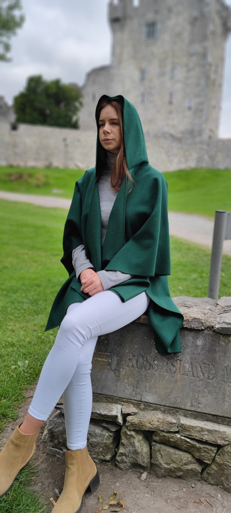 Irish Woven Wool Cape, Ruana, Wrap, Rectangle Cloak - 100% Pure New Wool - Emerald / Bottle Green - HANDMADE IN IRELAND
