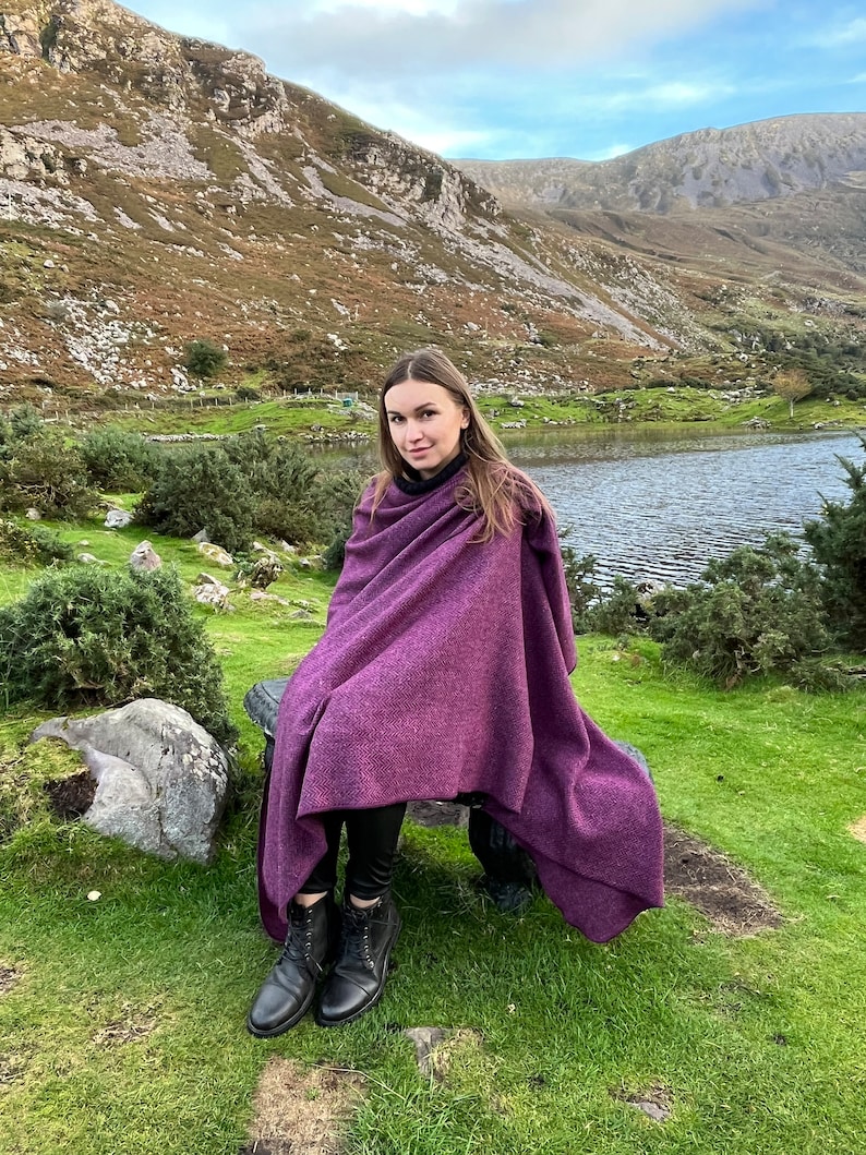 Irish Donegal Tweed Hooded Ruana, Wrap, Cape, Cloak, Robe - Purple Wine Herringbone - 100% Pure New Wool - Speckled - HANDMADE IN IRELAND