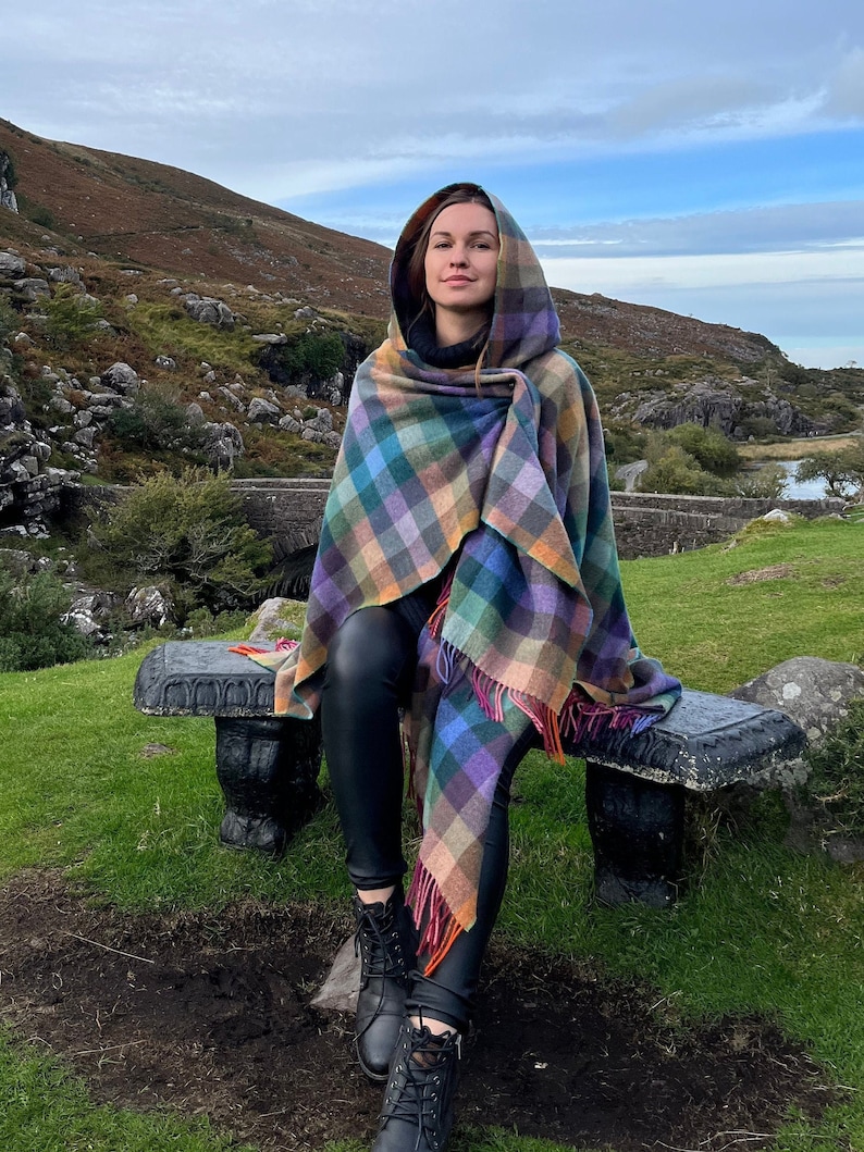 Hooded Supersoft Lambswool Cape, Ruana, Wrap , Shawl - 100% Pure New Wool - Multicolour  Check - One Size Fits All - HANDMADE IN IRELAND