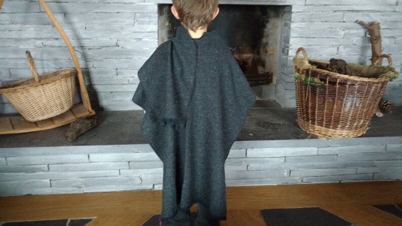 Irish tweed ruana, celtic wrap, cape, plaid, arisaid - 100% wool-navy&charcoal melange-kids 5-6 years old-Handmade in Ireland