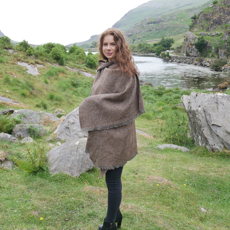 Irish Donegal Tweed Hooded Cape, Ruana, Cloak, Robe - Brown/Grey Salt&Pepper - Medium/Heavy Tweed - 100% Pure New Wool - HANDMADE IN IRELAND