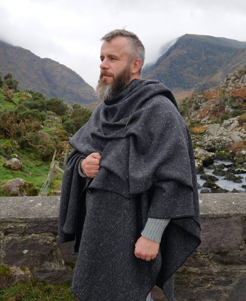 Irish Donegal Tweed Wool Ruana, Cape, Wrap, Cloak - Charcoal/ Grey Salt & Pepper Herringbone  - Heavy Tweed - Unisex - HANDMADE IN IRELAND