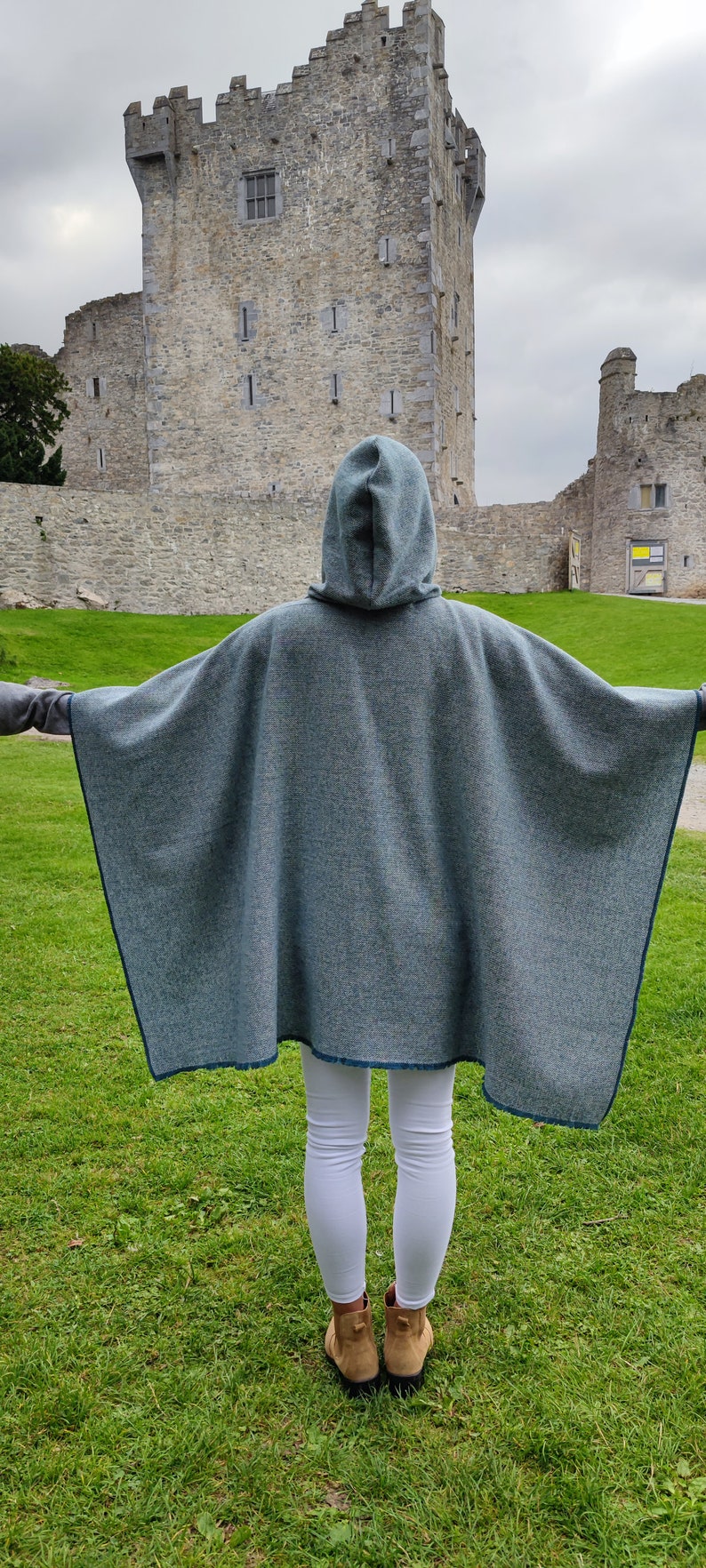 Hooded Irish Lambswool Tweed Cape, Rectangle Cloak, Ruana -Atlantic Teal/White Chevron- 100% Pure New Wool -Lightweight- HANDMADE IN IRELAND