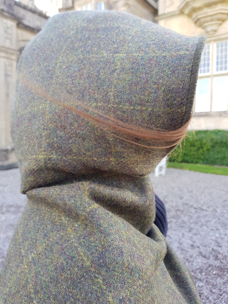Irish Donegal Tweed Wool Hooded Ruana, Wrap, Cape ,Arisaid - Green With Yellow Check - Unisex - 100% Pure New Wool - HANDMADE IN IRELAND