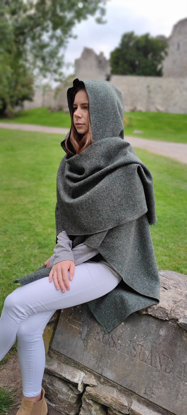 Irish Donegal Tweed Wool Hooded Ruana, Cape, Rectangle Cloak - Traditional Green Fleck - Medium/Heavy Tweed - Unisex - HANDMADE IN IRELAND