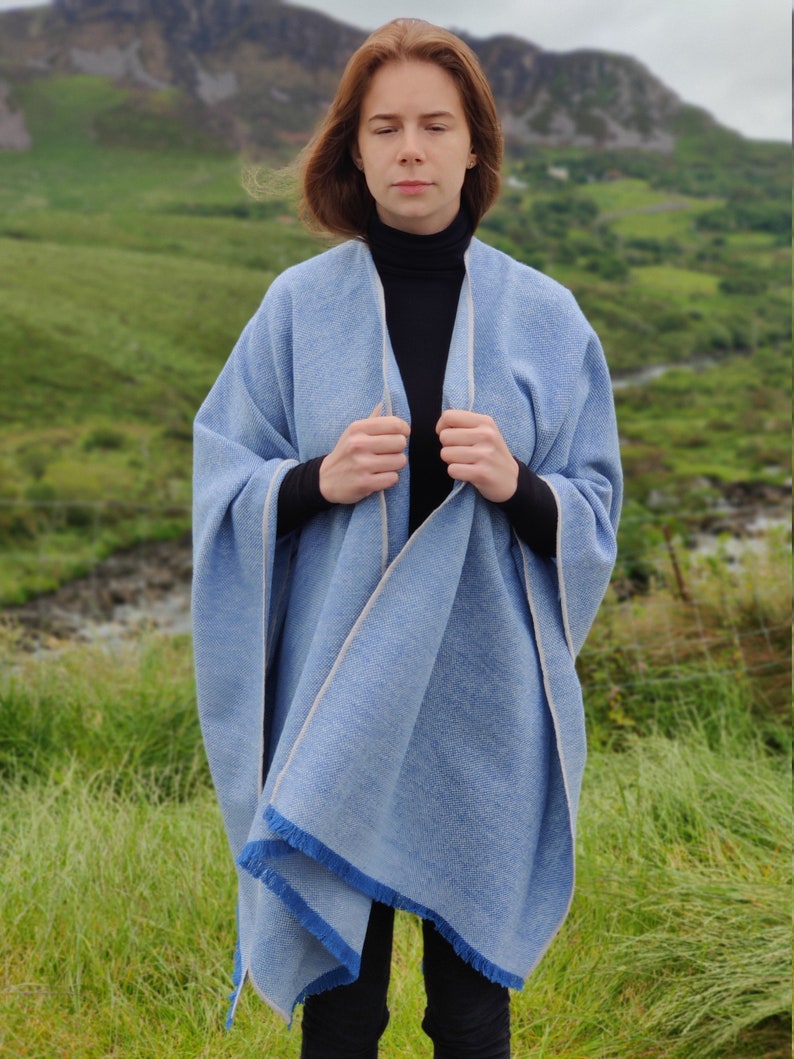 Irish wool ruana, wrap, cape, cloak  - blue/white chevron - 100% pure new wool - HANDMADE IN IRELAND