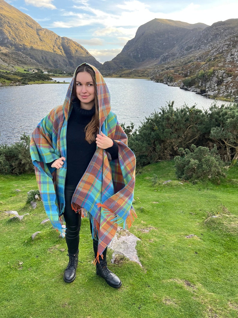 Hooded Irish Pure Supersoft Lambswool Cape, Ruana, Wrap - 100% Pure New Wool - Blue Green Orange Tartan Plaid Check - HANDMADE IN IRELAND