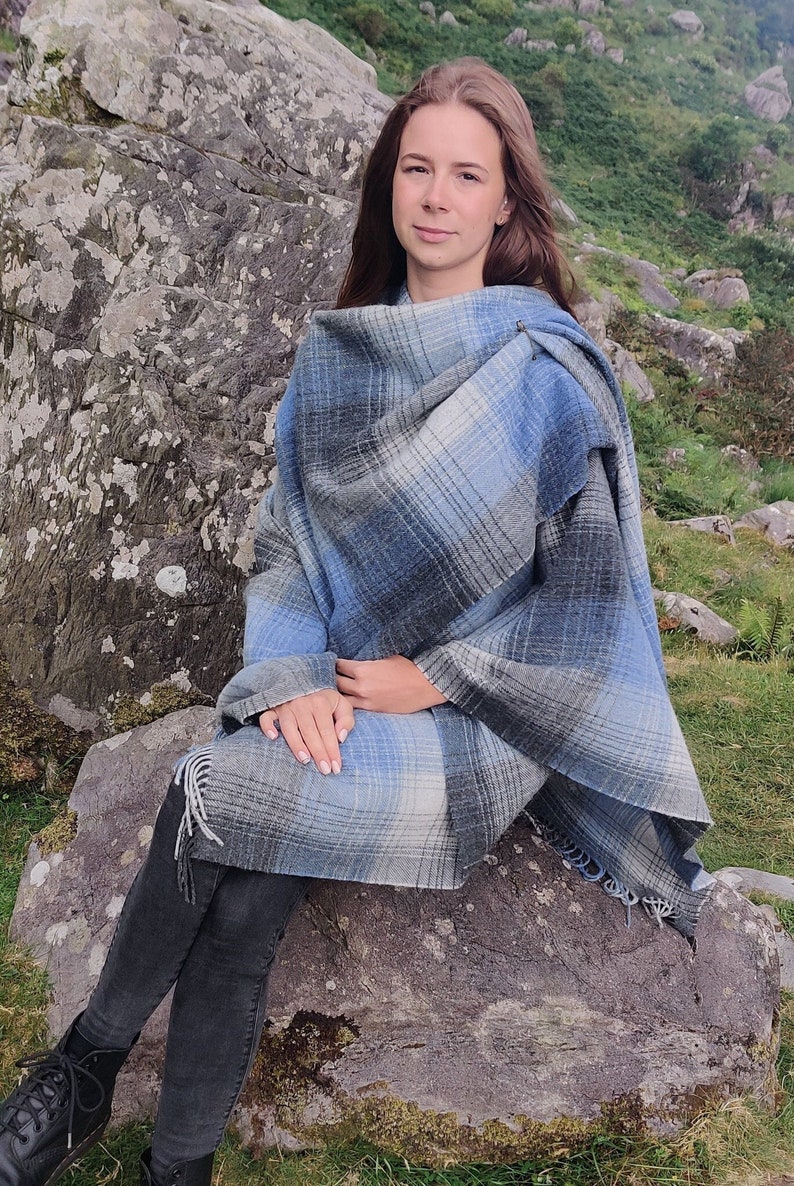 Irish Pure Lambswool Cape, Ruana, Wrap , Shawl - 100% Pure New Wool - grey/blue check - supersoft - one size fits all - HANDMADE IN IRELAND
