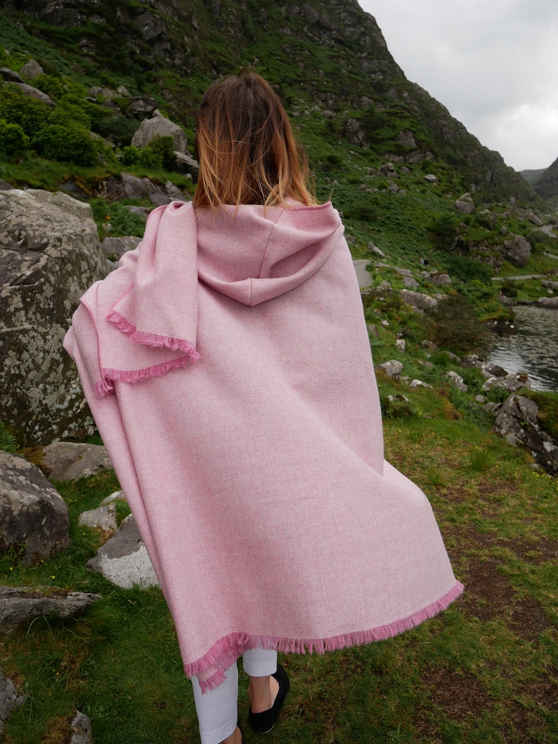 Irish tweed wool hooded ruana, wrap, arisaid - pink & white chevron - HANDMADE IN IRELAND