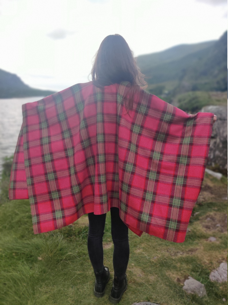 Irish soft lambswool hooded ruana, wrap, arisaid - pink/green/purple plaid check, tartan - 100% Pure New Wool - HANDMADE IN IRELAND
